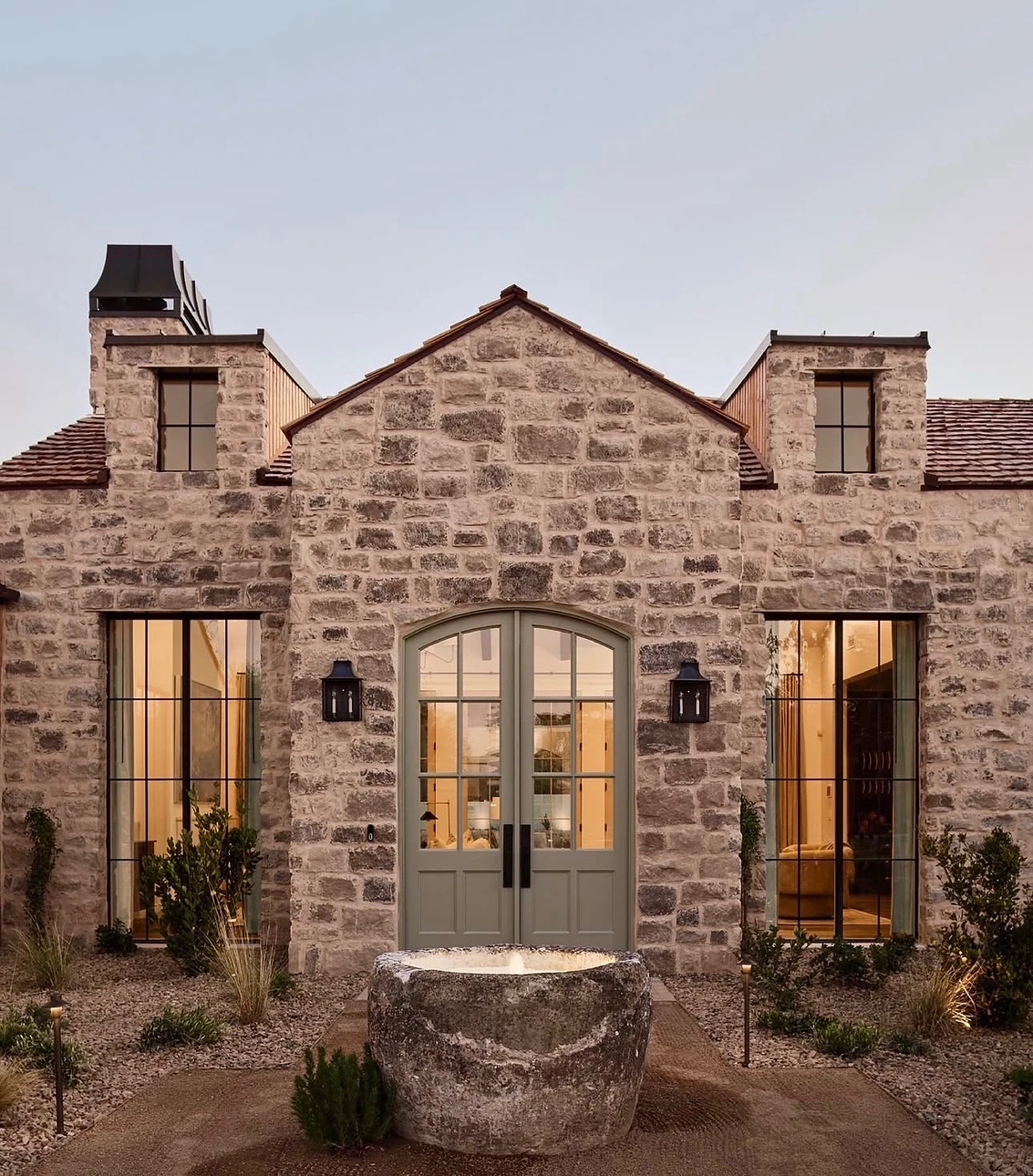 Stone Cottage Entry & Antique Fountain