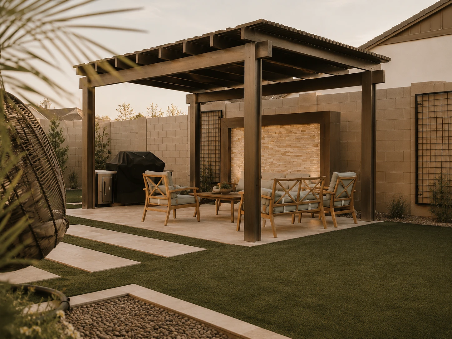 Wood Pergola Grilling Lounge
